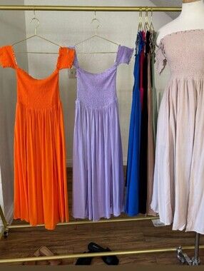 Smocked Off-Shoulder Medi Dresses